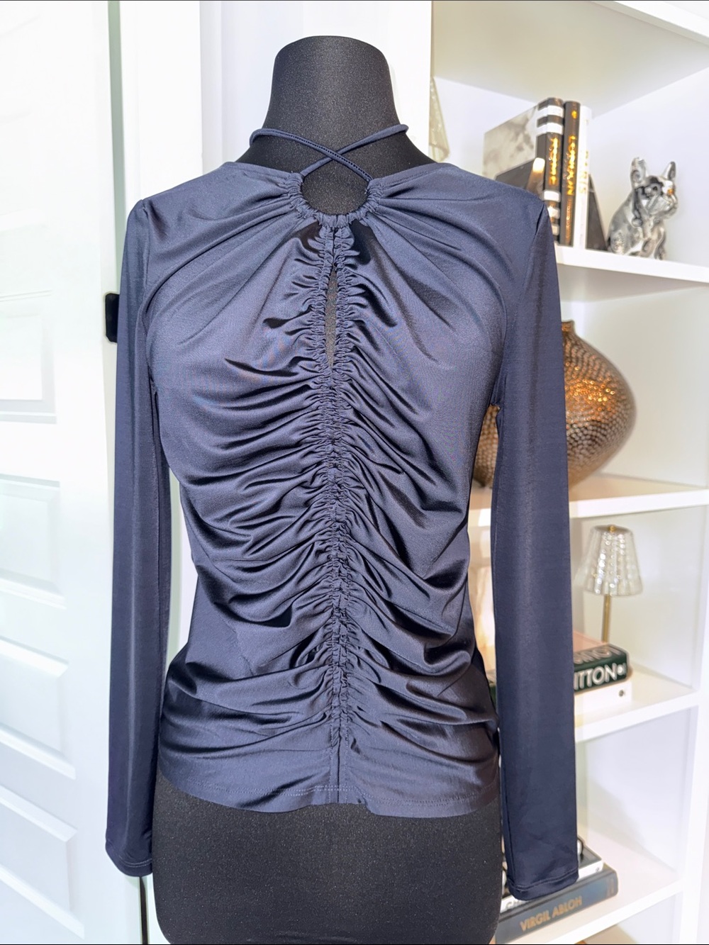 NEW Veronica Beard Navy Ruched Long-Sleeve Top